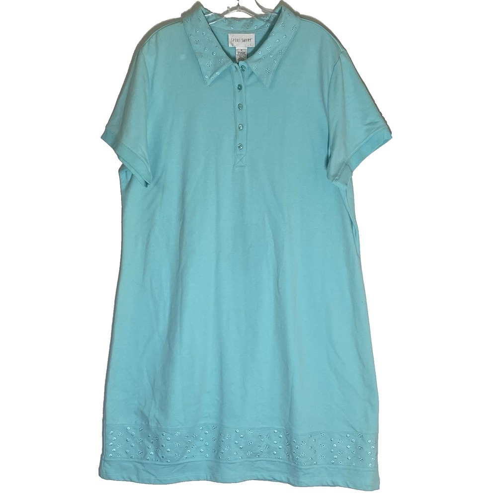Sport Savvy Shirt Dress Womens 1X Blue Polo Eyelet Classic Tennis Activewear